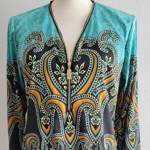 Bob Mackie Wearable Art Paisley Print Gold Zipper Neck Long Sleeve Blouse